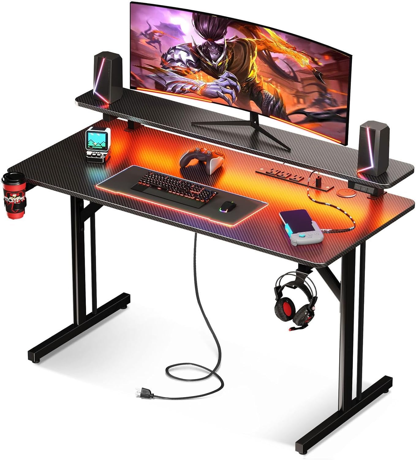 31-Inch Gaming Desk with LED Lighting and Power Outlets, Carbon Fiber Texture Computer Table with Monitor Shelf