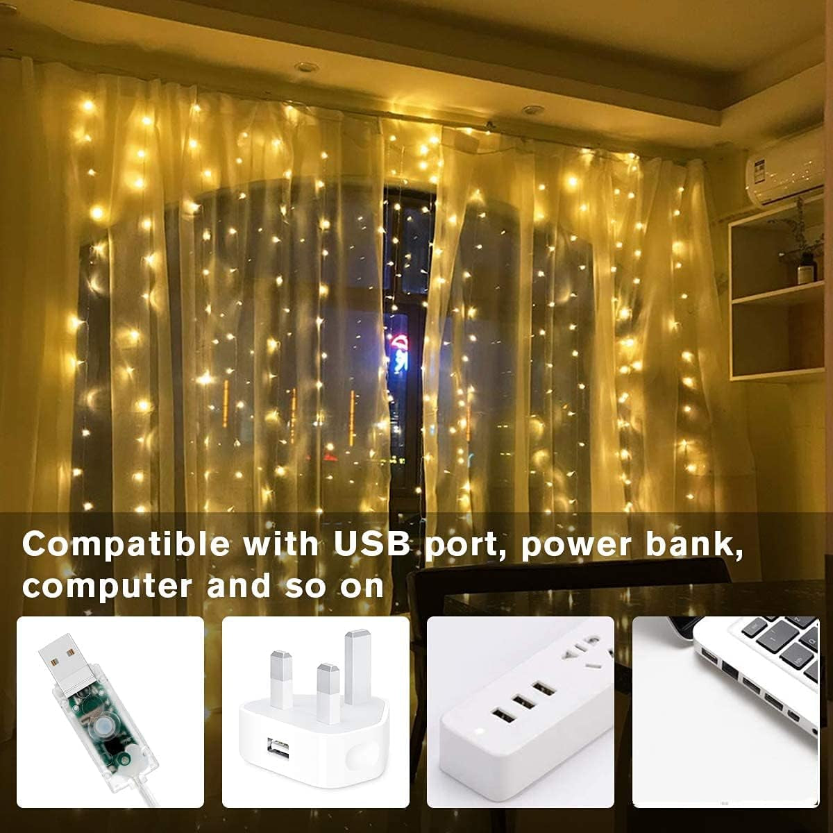 300 LED Warm White Curtain Fairy Lights with 8 Modes, USB Powered Icicle String Lights with Remote and Timer for Indoor and Outdoor Decoration (9.8 x 9.8 Ft)