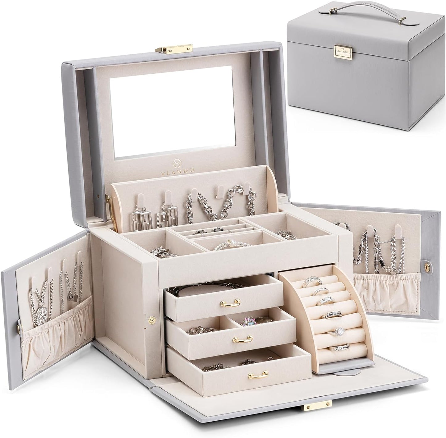 Elegant Baroque Jewelry Organizer-Spacious Storage Box with Mirror and Drawers for Bracelets, Earrings, Rings, Necklaces