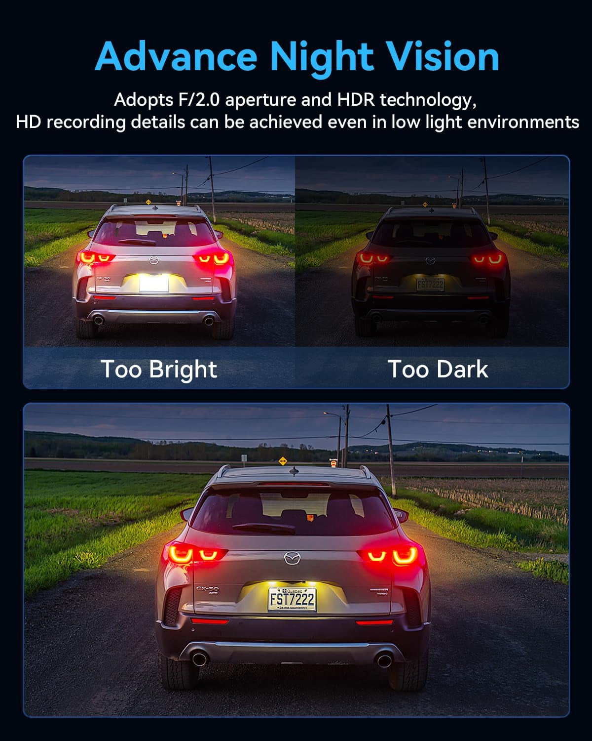 4K Full HD 3-Channel Dash Camera - Front and Rear View, Includes Free 32GB Card, Night Vision, G-Sensor, 24-Hr Park Mode, 170° Wide Angle, and Loop Recording