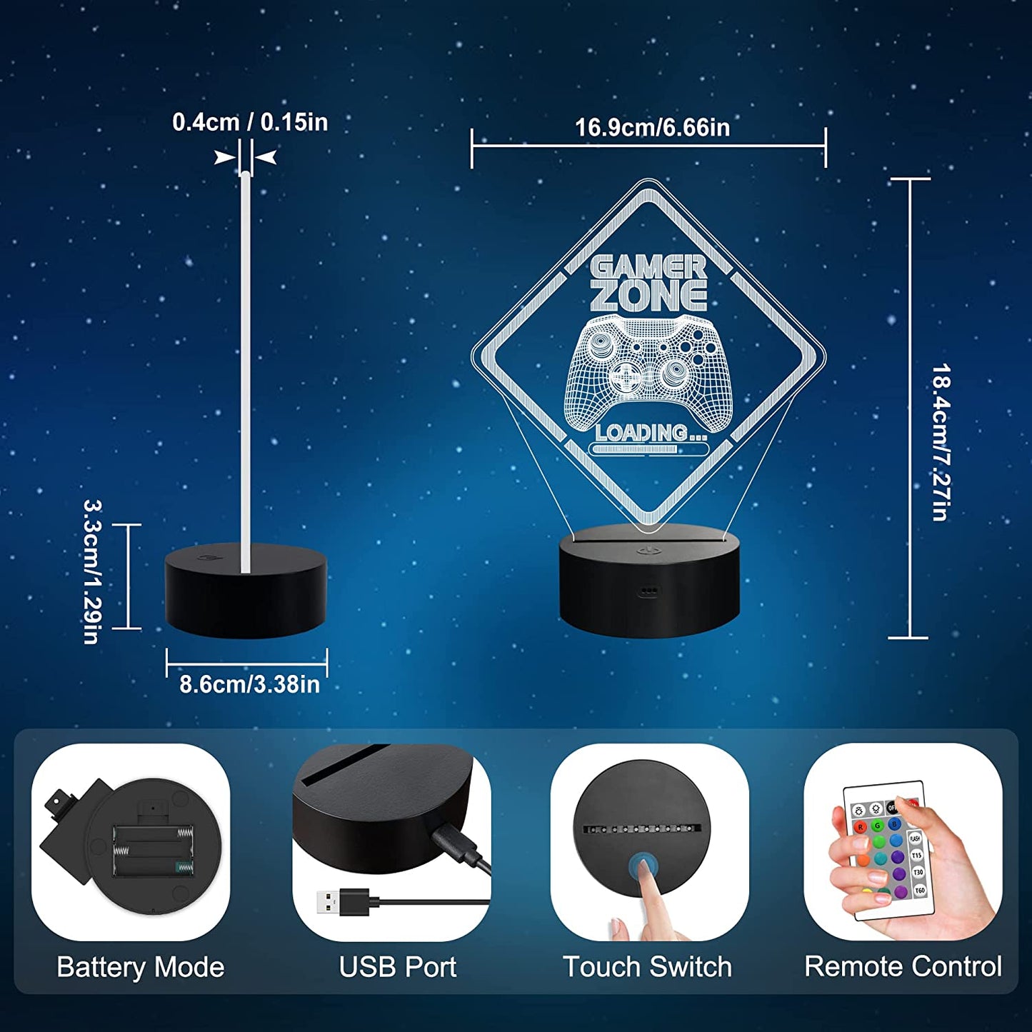 Gamer Zone Night Light,Gamepad Gamepad Graphic Video Games Gamer Gift Funny 3D Illusion Lamp 16 Colors Changing Touch & Remote Control for Men Teenagers and Kids