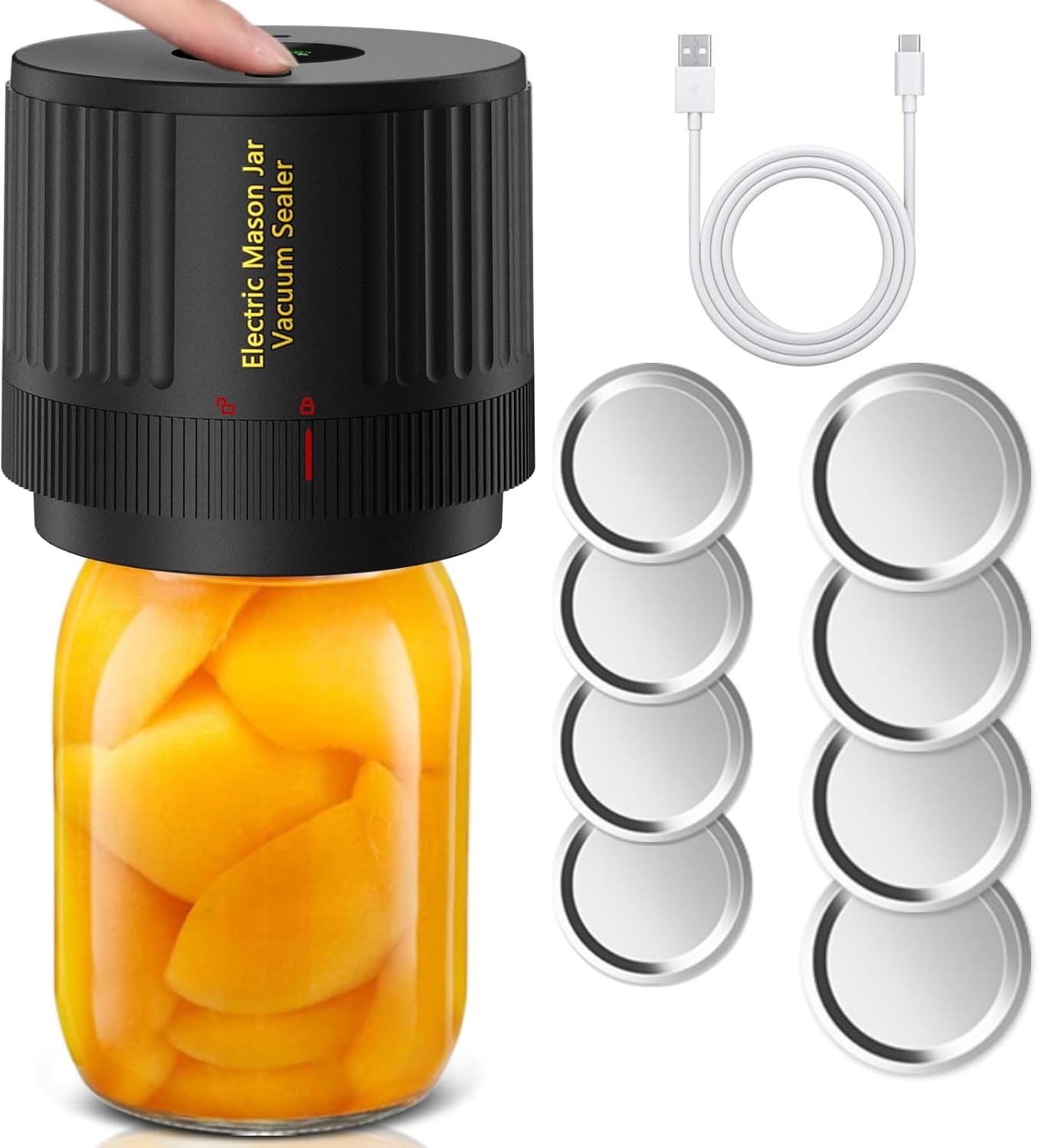 Cordless Electric Mason Jar Vacuum Sealer Kit for Wide and Regular Mouth Jars - Ideal for Food Storage and Fermentation, Black