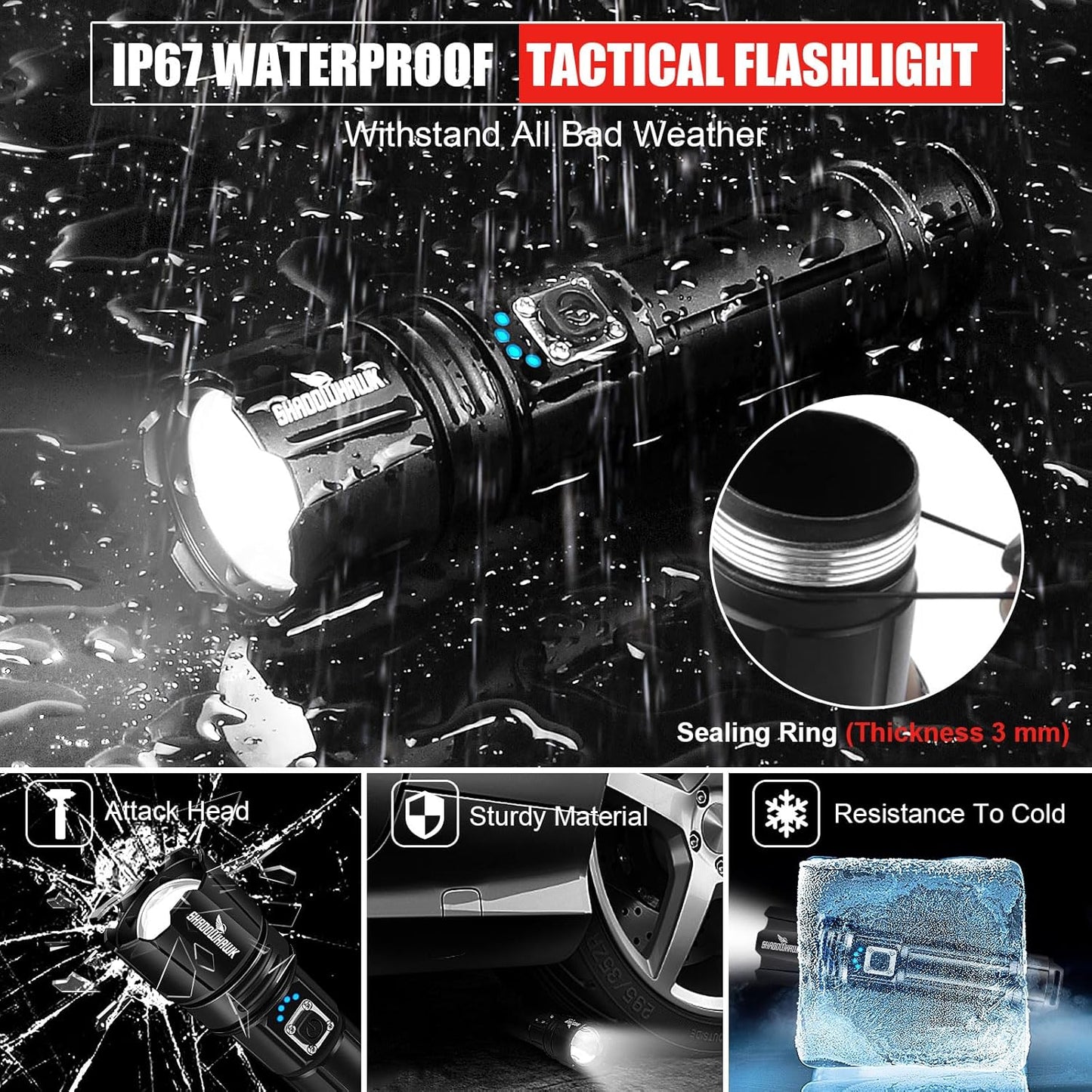 Rechargeable Tactical Flashlight, 500,000 Lumens LED, XHP70.2 High-Performance Waterproof Flashlight for Camping and Emergency Use