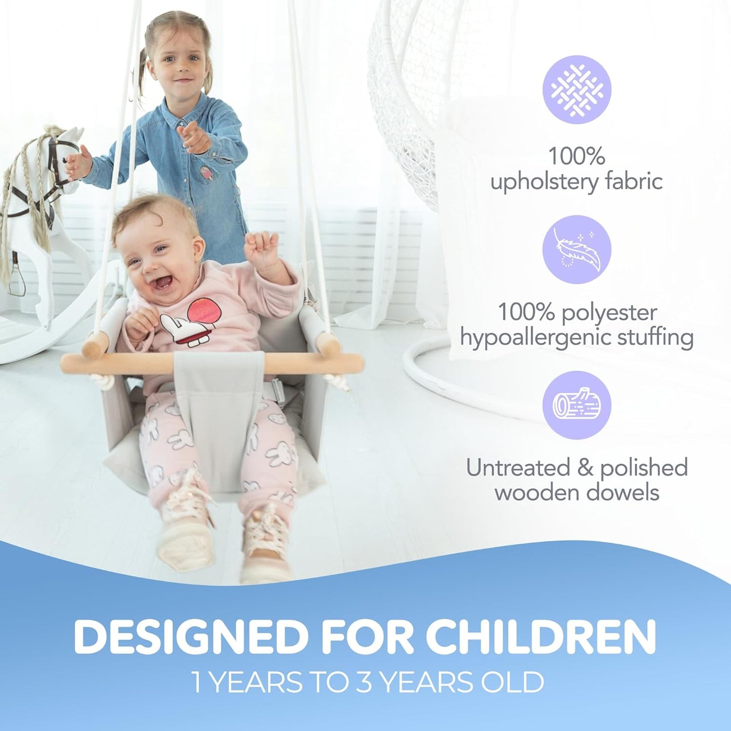 Canvas Baby Swing Safety Belt - Durable Wooden Hanging Seat Chair - Indoor/Outdoor, Hardware, Gray