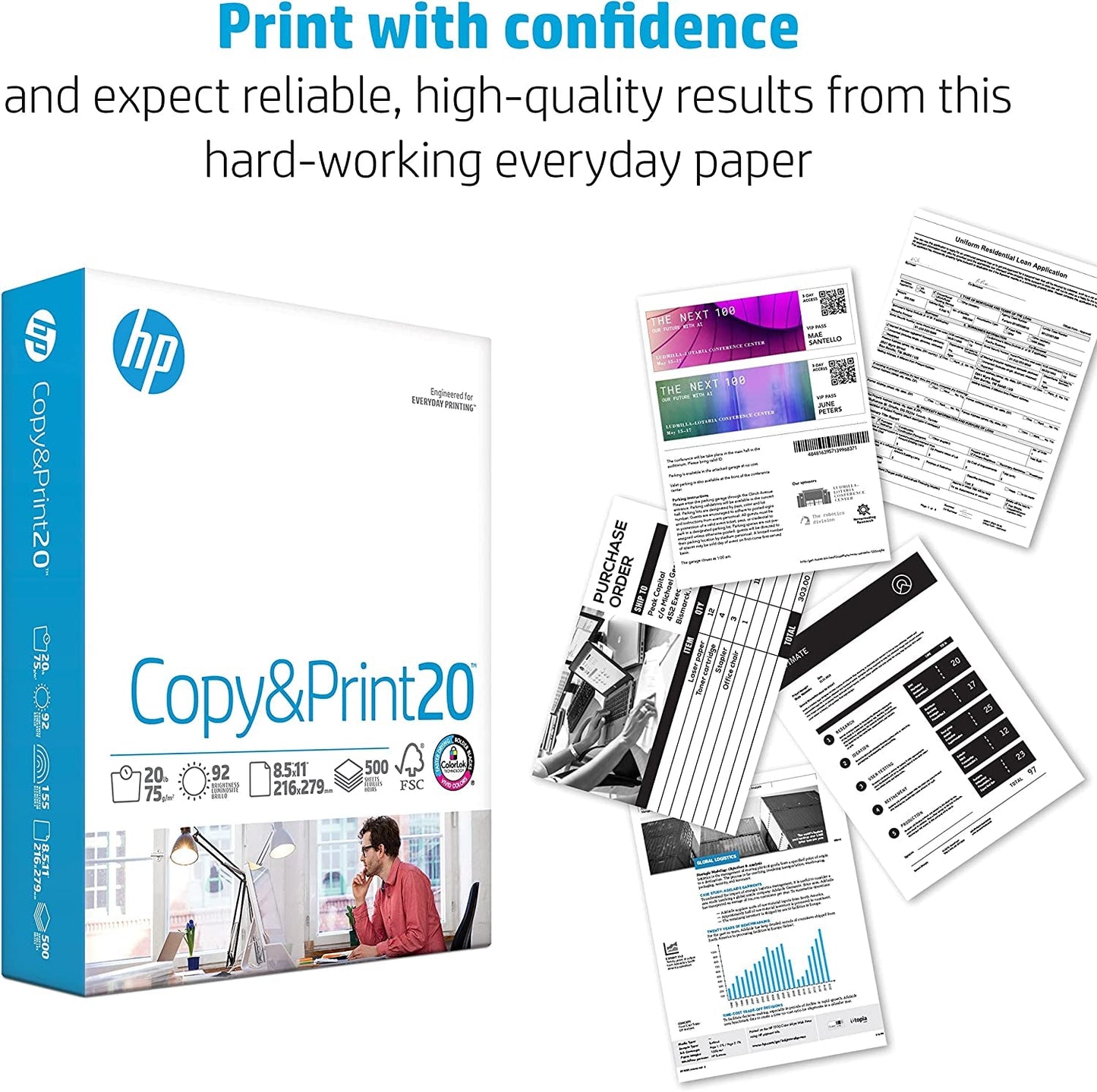 HP 8.5 x 11 Inch Copy & Print Printer Paper, 20 lb, 500 Sheets per Ream, 92 Bright, FSC Certified Compatible with HP Printers