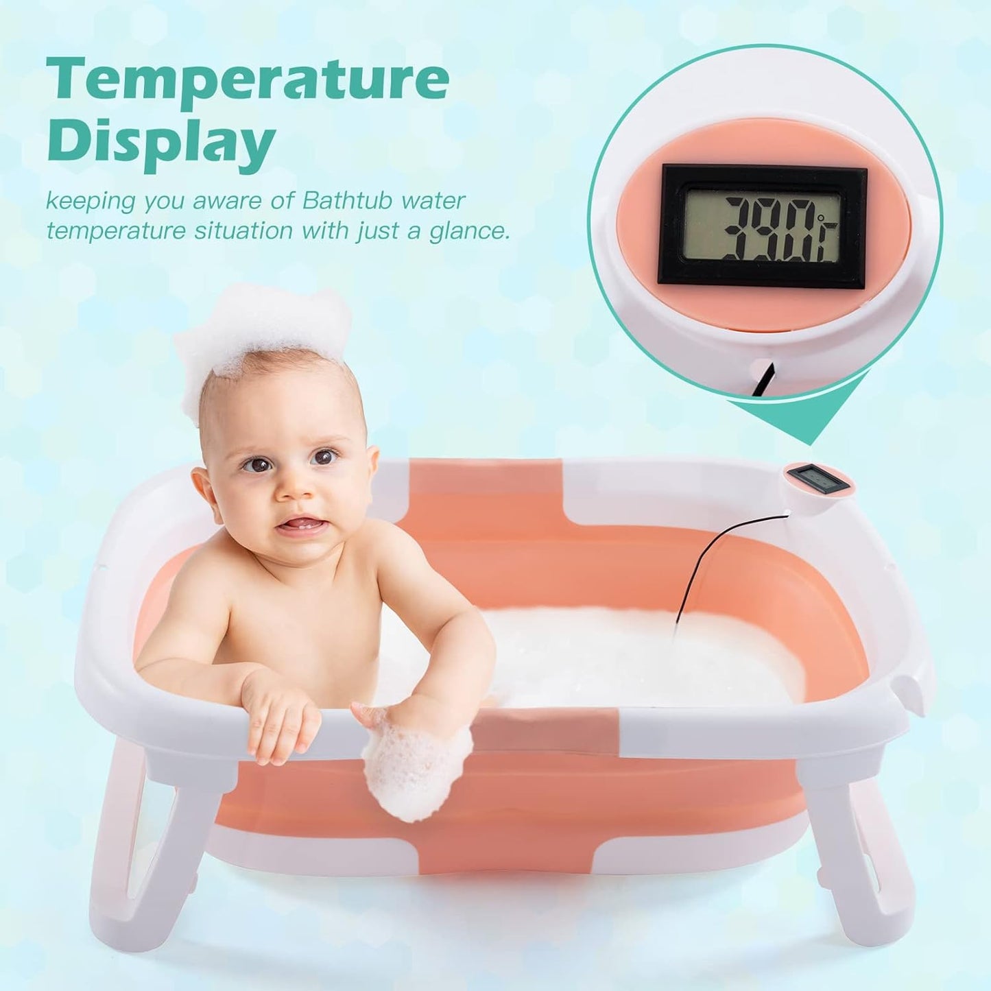 4-in-1 Baby Bathtub -Temperature Sensor, Waterproof Ear Cap, and Soft Cushion, Newborns to Toddlers