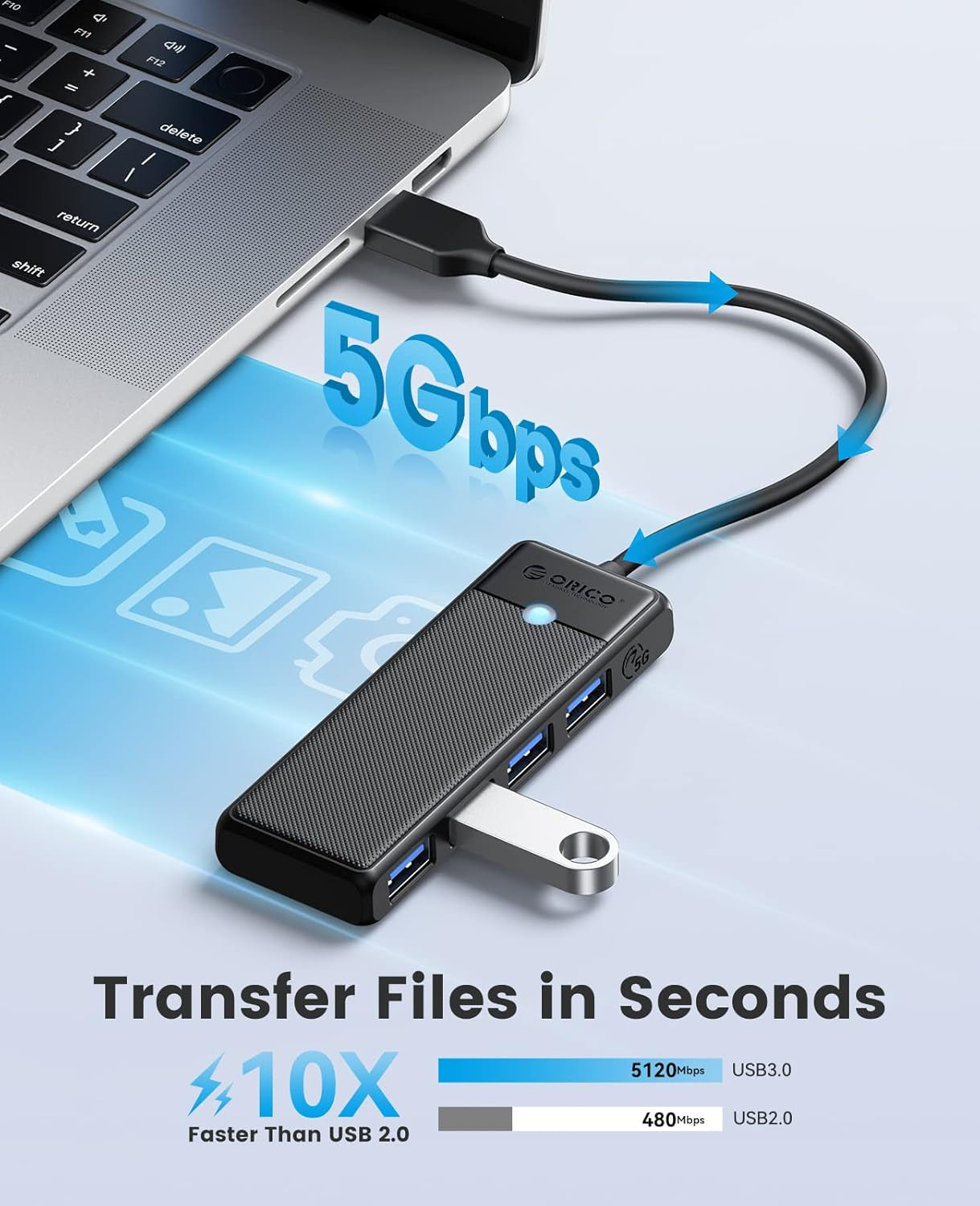 USB 3.0 Ultra Slim 4-Port Hub for Laptops and Devices - , XPS, PS5, PC, Flash Drives, Mobile HDD (Black, 0.5 Ft)