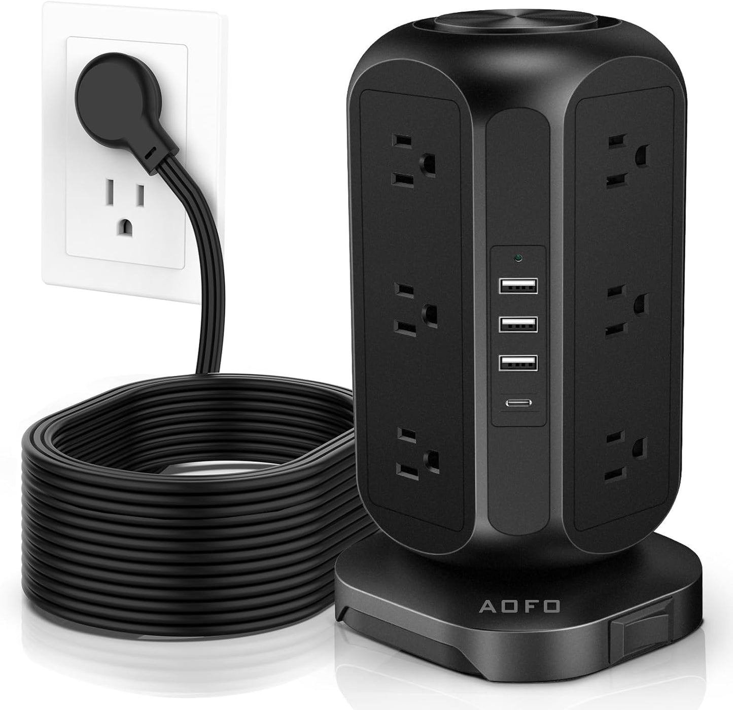 12-Outlet Tower Power Strip with 4 USB Charging Ports, Surge Protection, and 10ft Extension Cord – Ideal for Home, Dorm, and Office Use