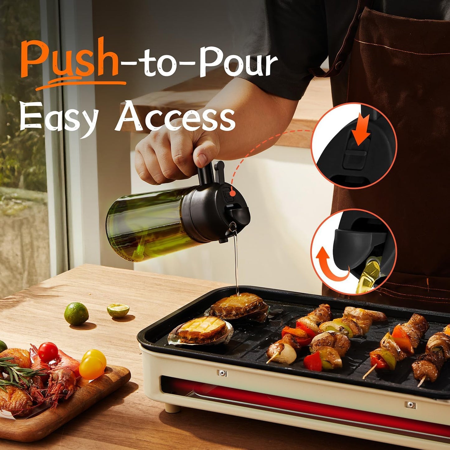16 oz Olive Oil Dispenser and Sprayer - Dual Function Kitchen Bottle with Labels - Black Olive Oil Sprayer for Cooking (Light Blockage)