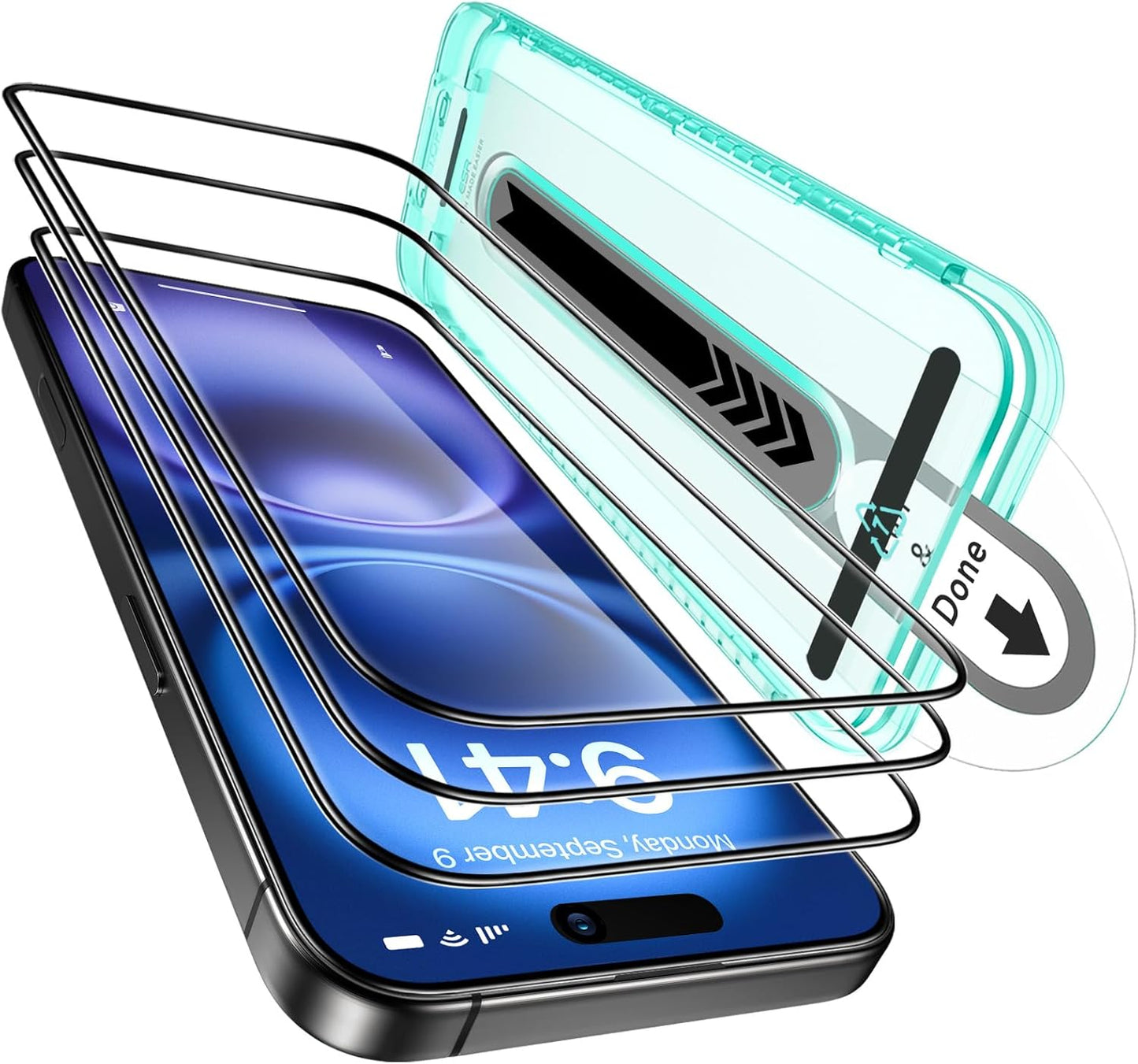 3+1 Pack Ultra-Tough Tempered Glass Screen Protector Set for iPhone - Black Edge and Flawless Fit Tray, 1 Individual Camera Lens Protector