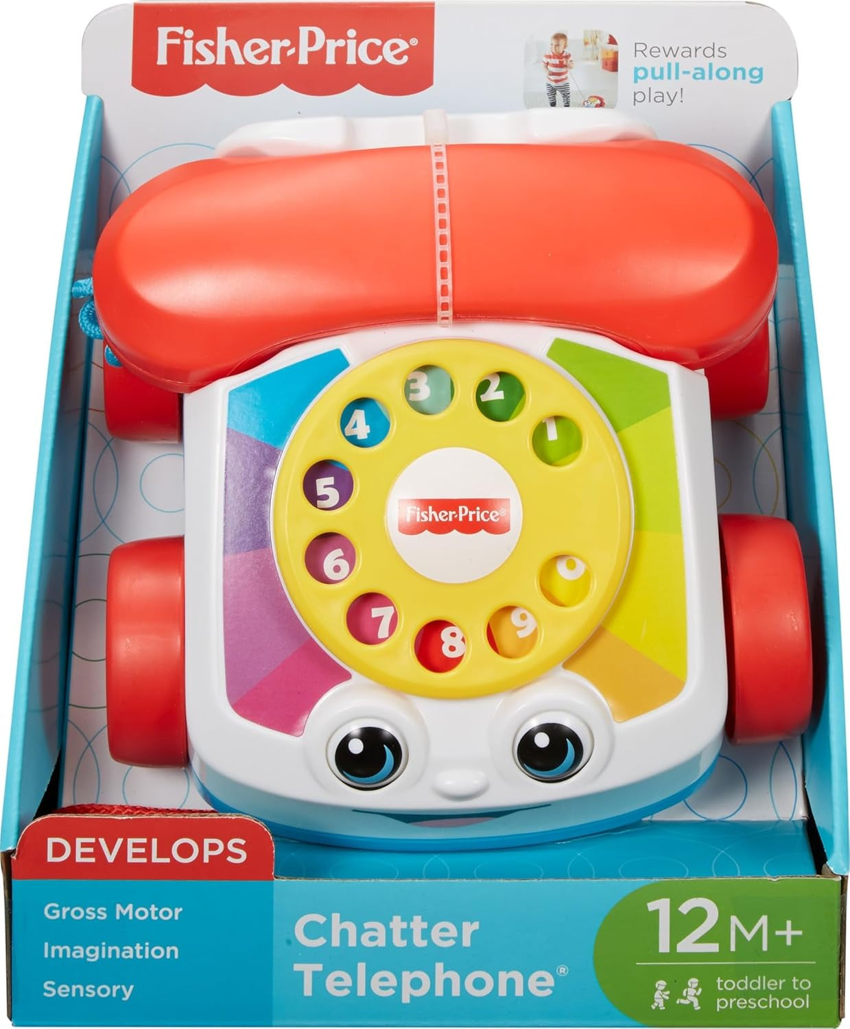 Toddler Pull Toy Chatter Telephone Pretend Phone with Rotary Dial and Wheels for Walking Play Ages 1+ Years