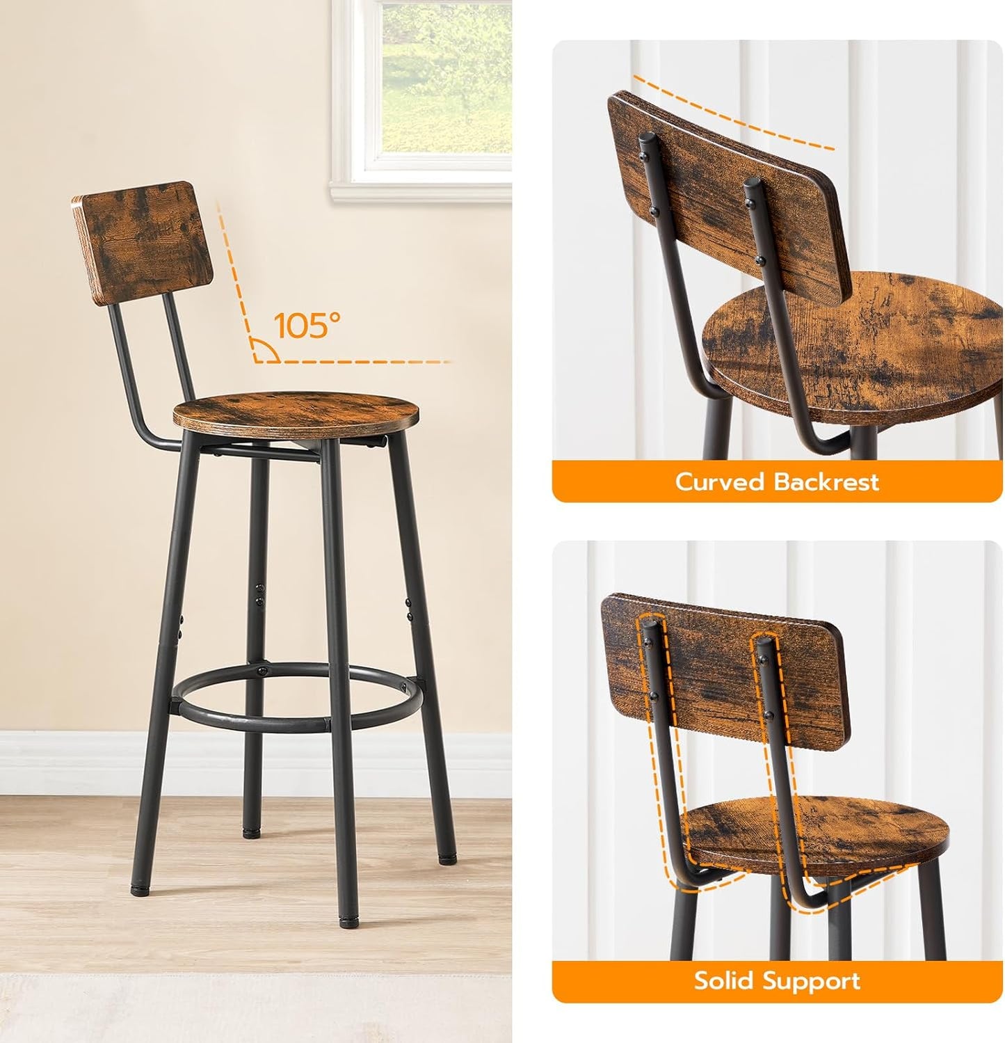 Set of 2 Adjustable Bar Stools with Footrest and Backrest, Rustic Brown and Black, Easy Assembly for Kitchen, Living Room, Bar