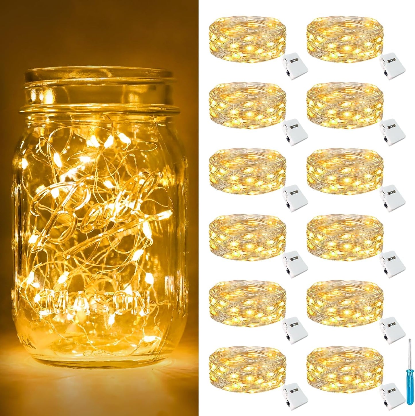 12-Pack 7FT 20LED Battery-Powered Fairy Lights with 3 Modes - Waterproof Silver Wire Mini String Lights for Indoor Mason Jar DIY, Wedding, and Christmas Decor in Warm White