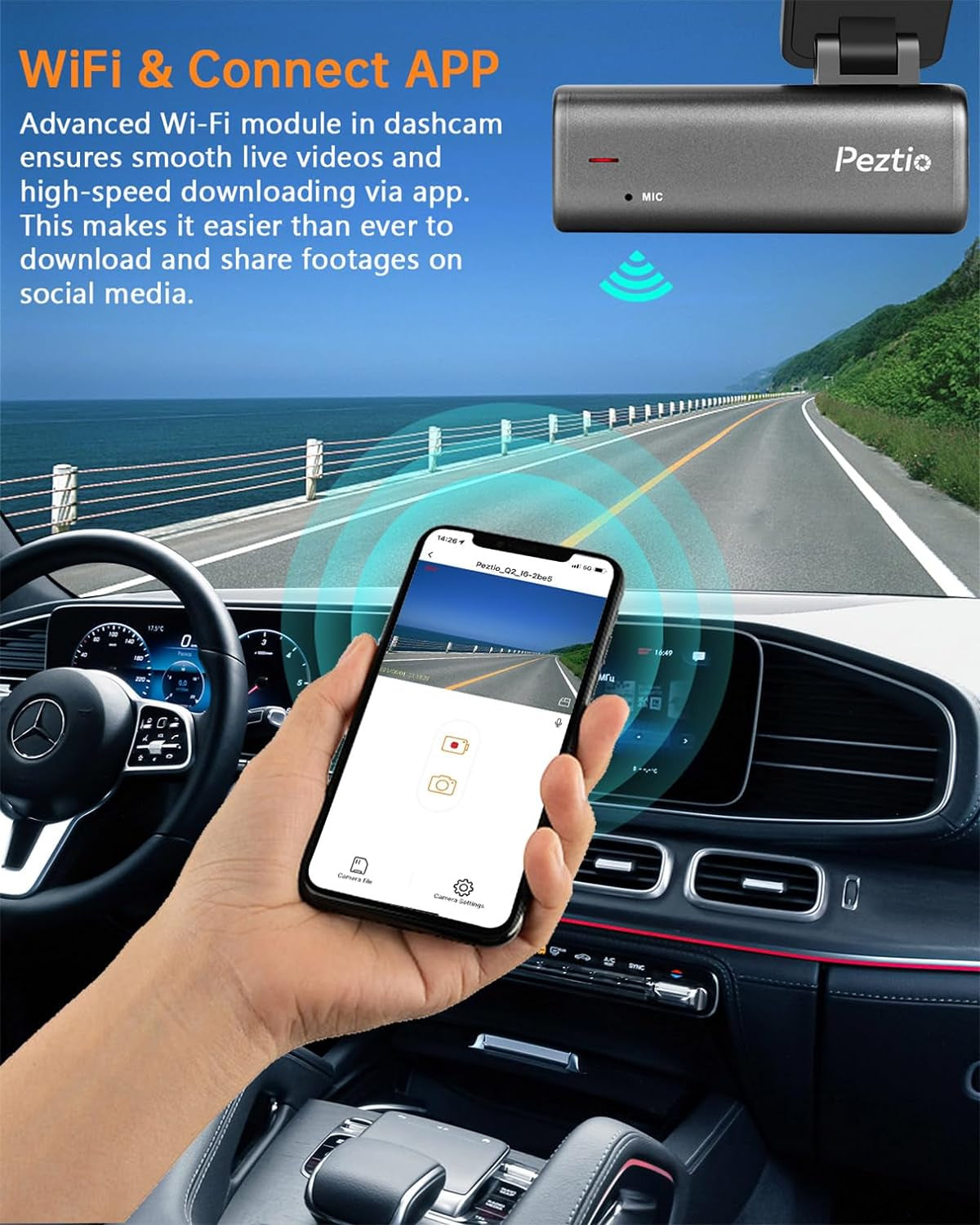 2K WiFi 1440P Dash Camera for Cars with Super Night Vision, WDR, Loop Recording, G-Sensor, 24-Hour Parking Monitoring, Mobile App Support, Up to 128GB Storage Capacity
