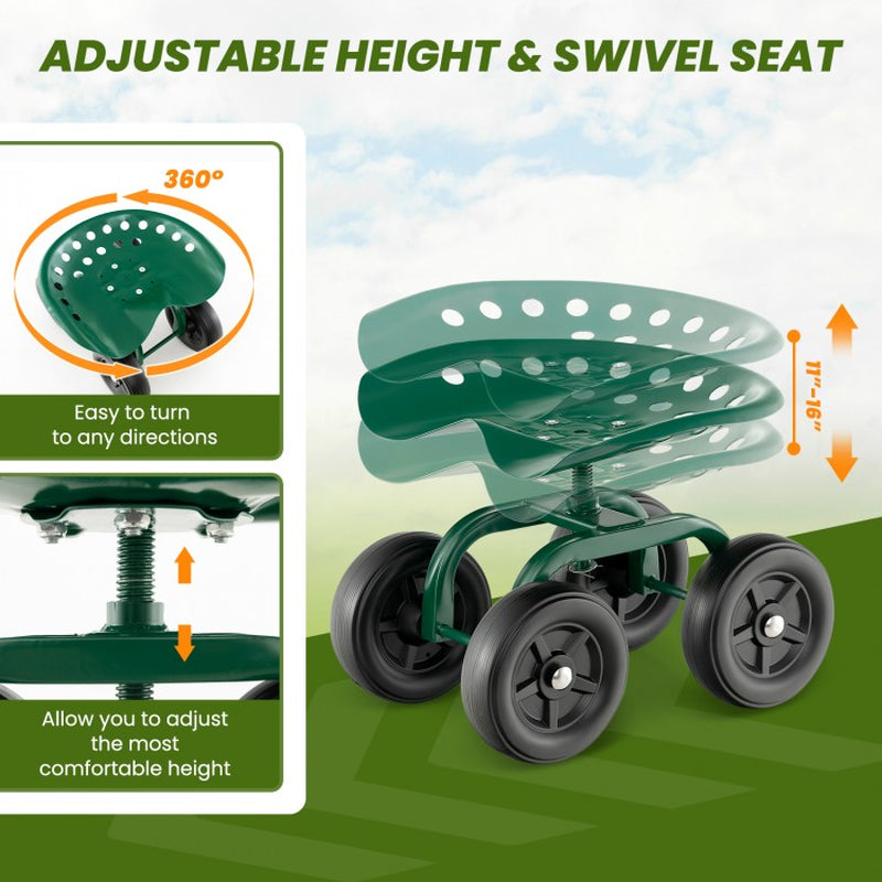 Garden Rolling Work Seat with 360° Swivel and Adjustable Height