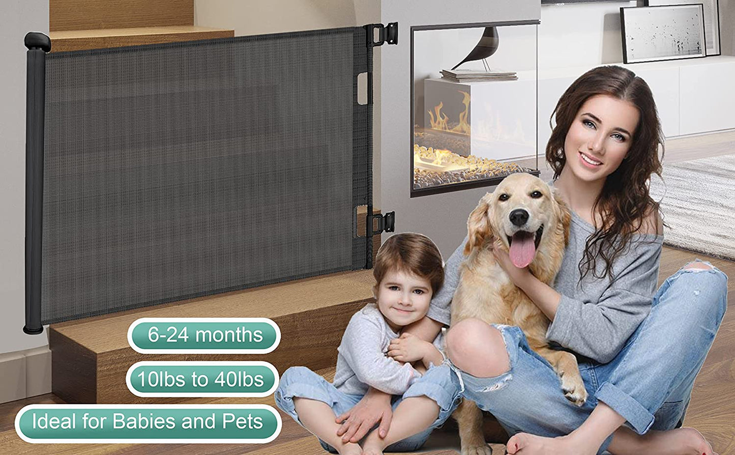 Retractable Safety Mesh Baby and Dog Gate - 33" Tall, Extends up to 55" Wide for Stairs, Doorways, Hallways, and Banisters (Black)