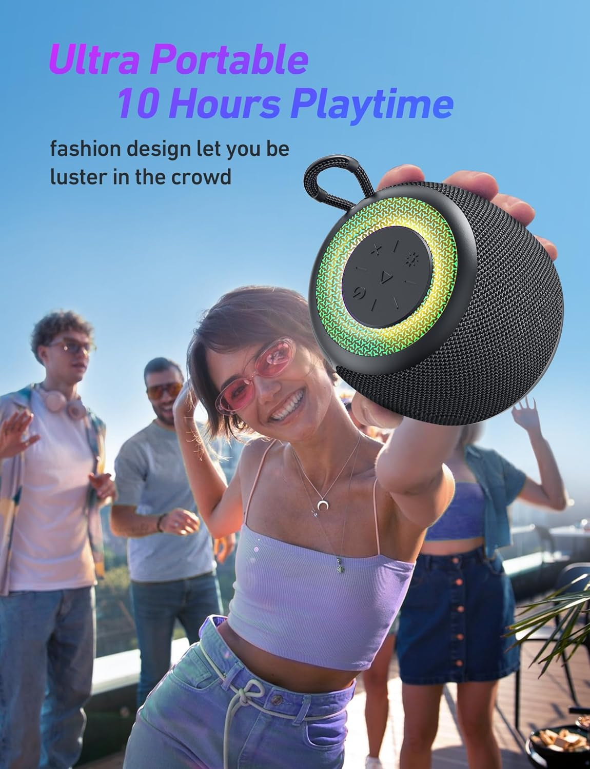 Bluetooth Speaker with IPX5 Waterproof Rating, Bluetooth 5.3, RGB Lighting, Stereo Sound and Enhanced Bass