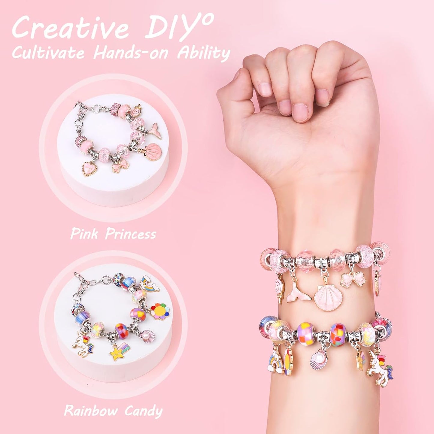 Charm Bracelet Making Kit - Girls 120 Pcs DIY Beaded Jewelry Making Kit, Unicorn & Mermaid Gifts for Girls Toys Crafts for Teen Girls Ages 5 6 7 8-12, with a Portable Bracelet Organizer Box