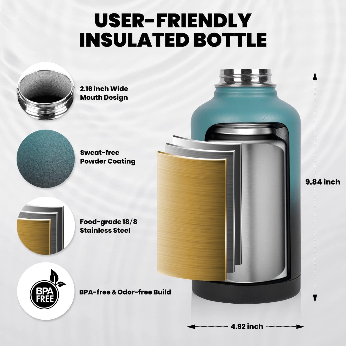64 Oz Insulated Water Bottle - Triple Wall Vacuum Stainless Steel, Cold Retention for 48 Hours, Leak Proof & BPA-Free, Half Gallon Flask with Paracord Handle & Straw Spout Lids, Indigo/Black