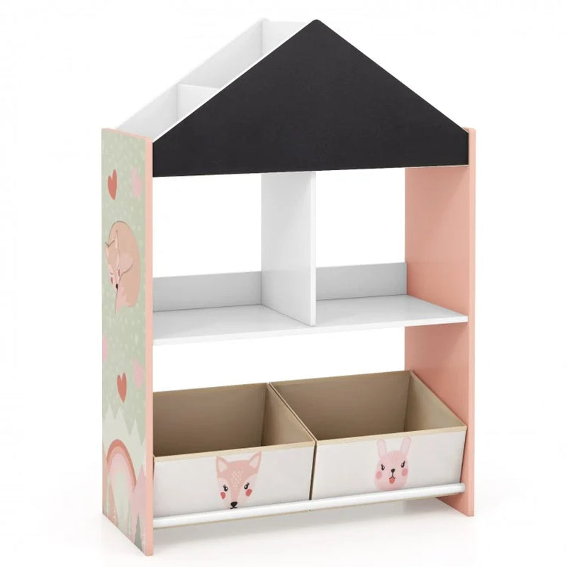 Children's Playhouse Bookshelf with Integrated Chalkboard and Whiteboard for Ages 3-6