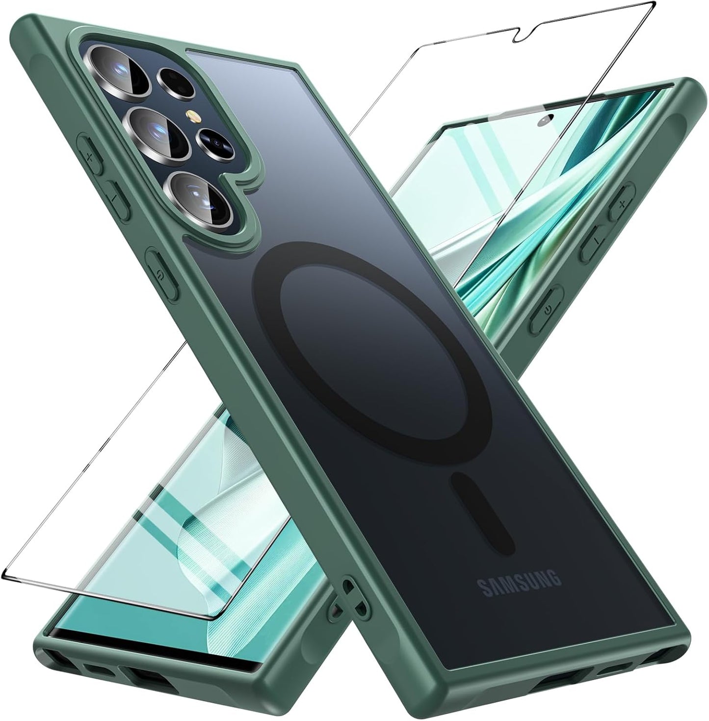 Samsung Galaxy S24 Ultra Case with Screen Protector - Magnetic Shockproof Translucent Matte Back Bumper Cover, Black