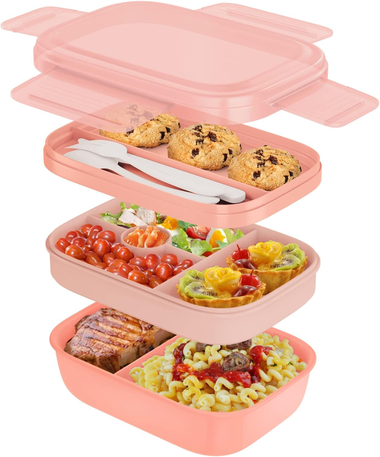 Stackable 3-Layer Bento Box Lunch Container for Adults and Kids, 1.9L Food Storage with Cutlery, 8.5" x 5.7" x 3.9" (Grey)