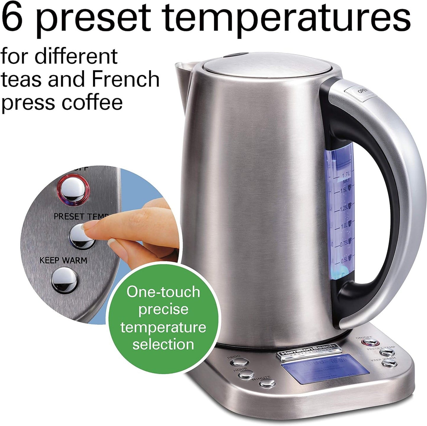 Hamilton Beach 41028 Professional Electric Kettle with Digital Controls, Six Preset Temperatures, LCD Display, 1500 Watts, Silver