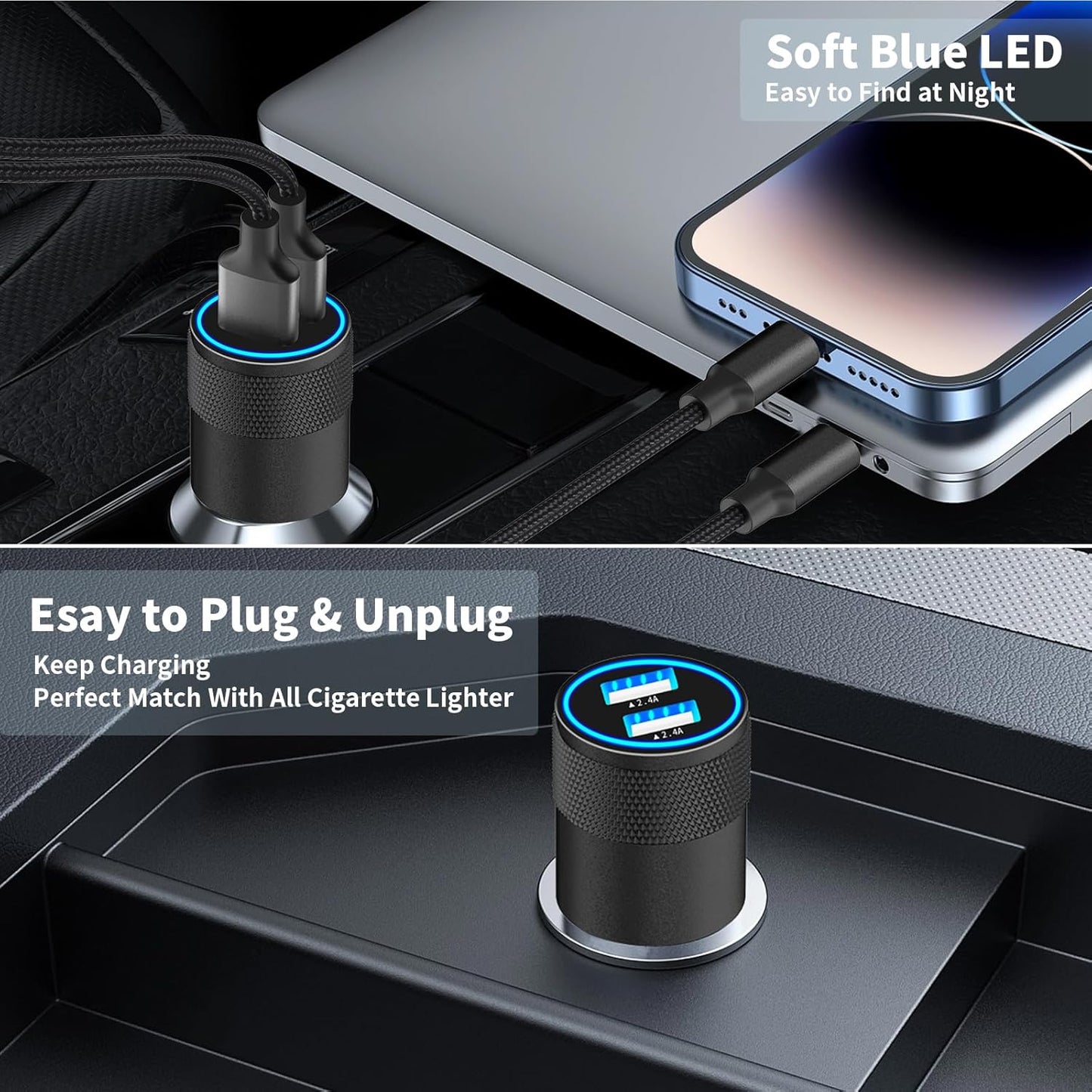 Apple MFi Certified Fast Charging Car Charger with 4.8A Output and 6FT Coiled Lightning Cable