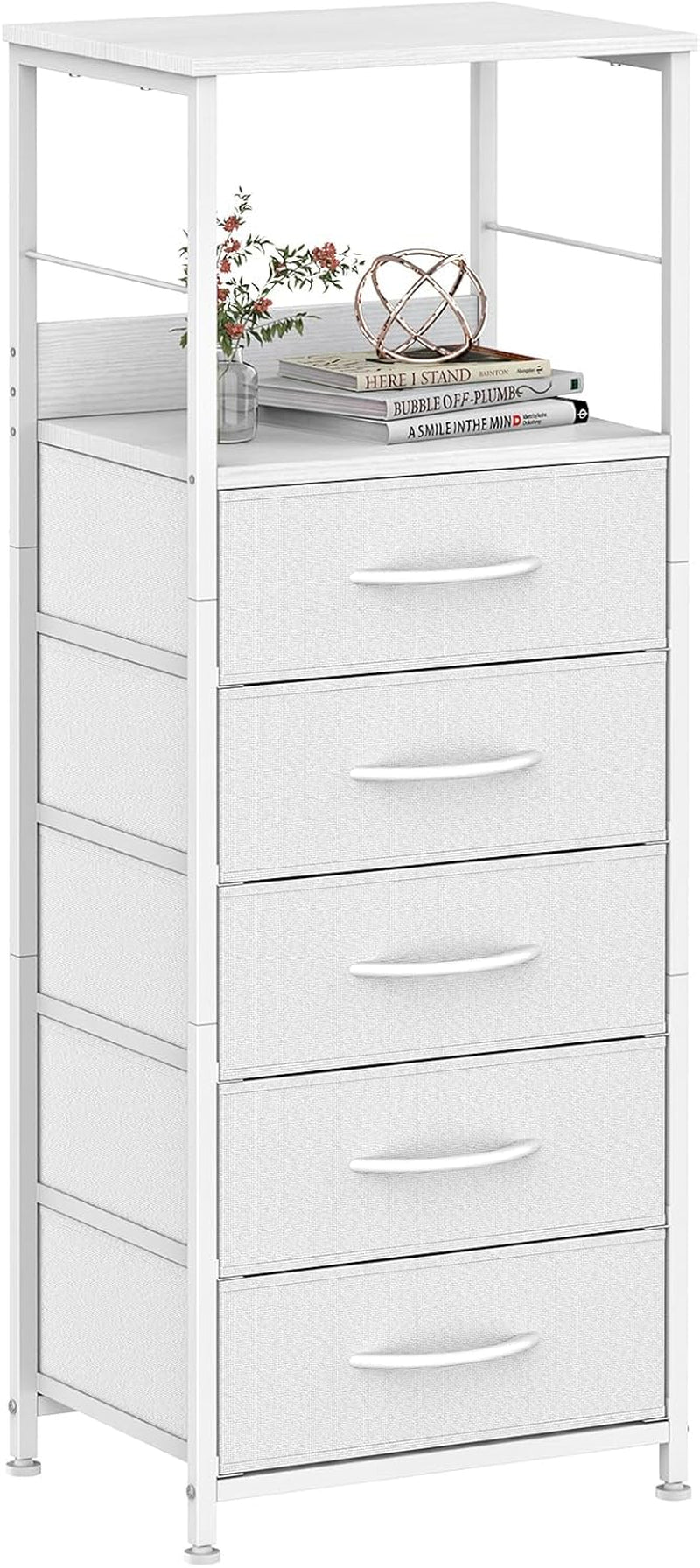 5-Drawer White Dresser, Clothes Organizer Storage Unit Chest of Drawers with Sturdy Frame & Easy Pull Handle, Tall Fabric Dresser for Bedroom, Living Room, Closet, Entryway, Nursery