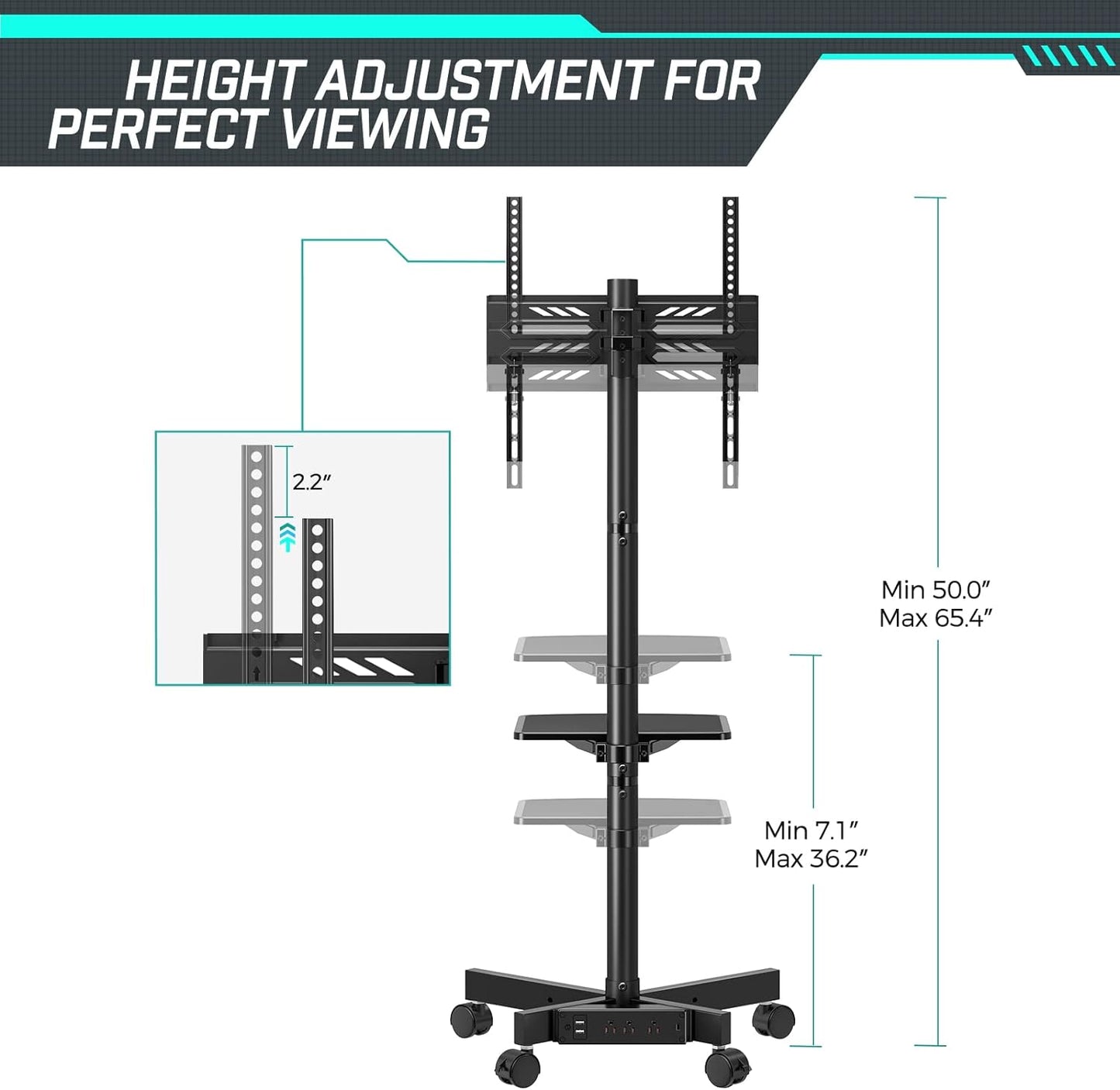Mobile TV Cart with Power Outlet for 23-60 Inch Screens Up to 88 lbs, Height Adjustable Rolling Stand with AV Shelf, VESA 400x400 mm