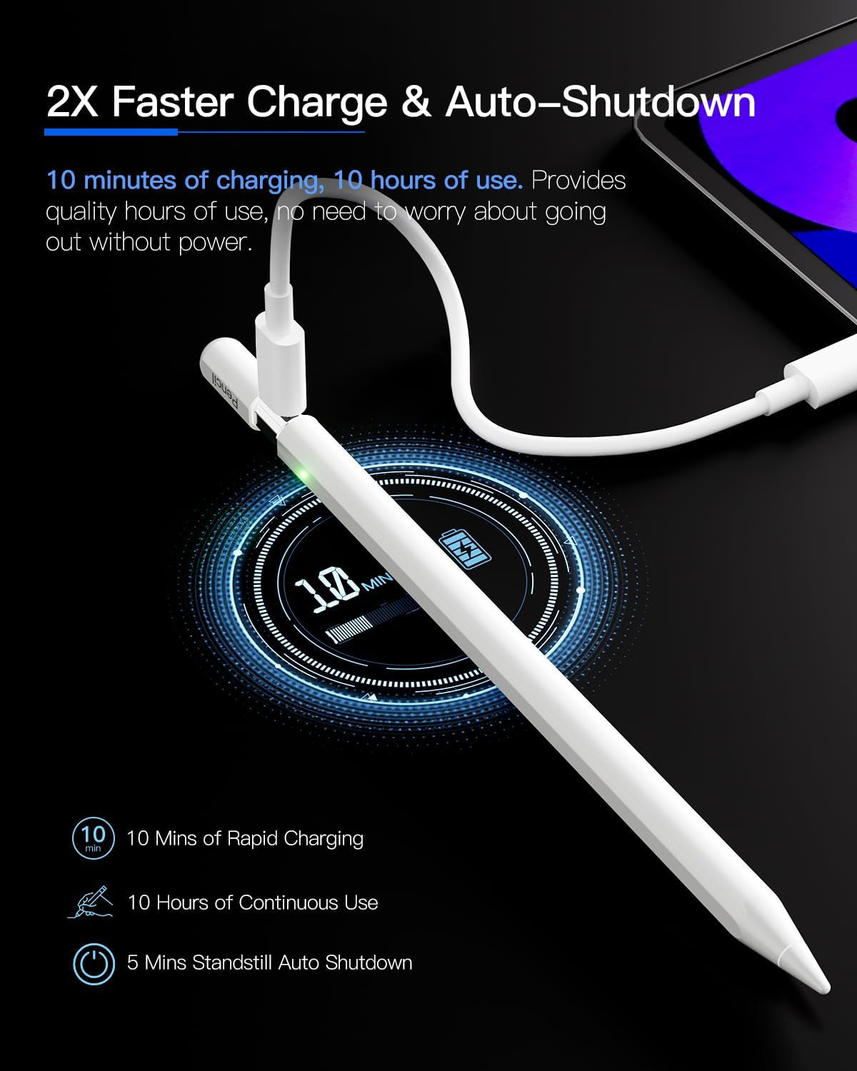 Stylus Pen for iPad (2018-2024) - - Features 2X Fast Charging and Palm Rejection