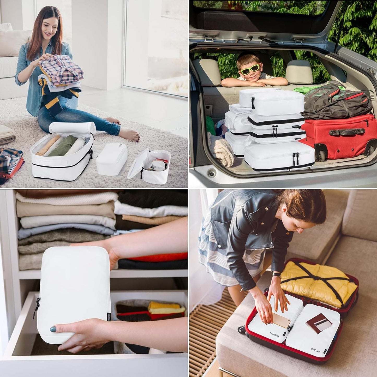Compression Packing Cubes Set - 8-Piece Travel Organizers for Carry-On Suitcases in White