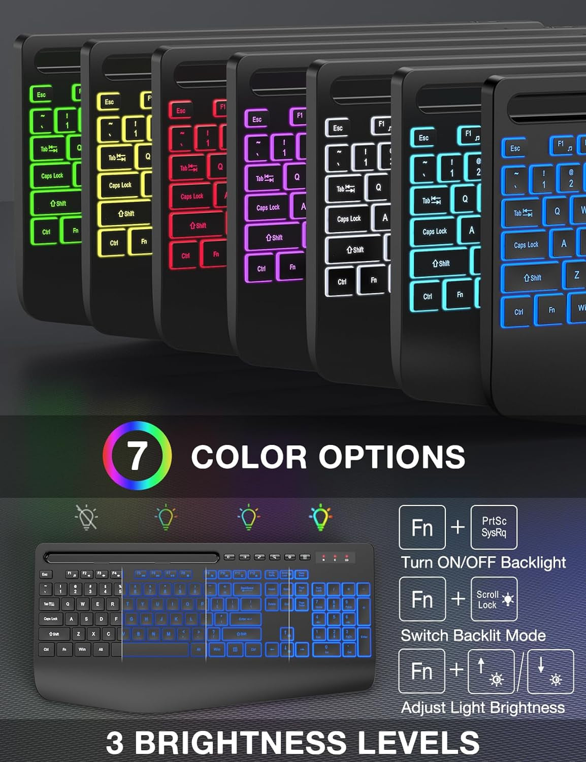 Wireless Ergonomic Keyboard and Mouse Combo with Backlit Effects, Wrist Rest, Phone Holder, and Rechargeable Silent Design