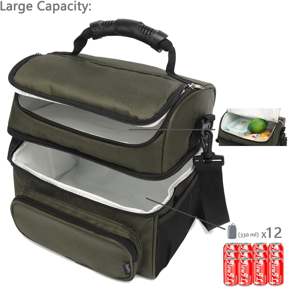 Insulated Adult Lunch Bag - Large Double Layer Cooler Tote with Adjustable Strap, Front Pocket, and Mesh Side Pockets in Army Green