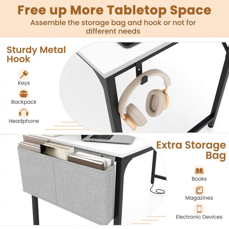 32-Inch Home Office Desk with Integrated Charging Station, Storage Bag, and Headphone Hook