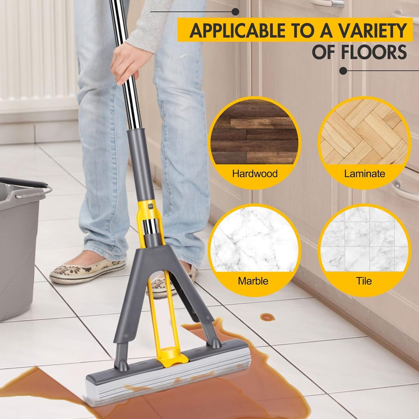 Self-Wringing Sponge Mop with Three Absorbent Heads and 50-Inch Handle for Effortless Cleaning of Hardwood, Laminate, Tile, and Marble Floors