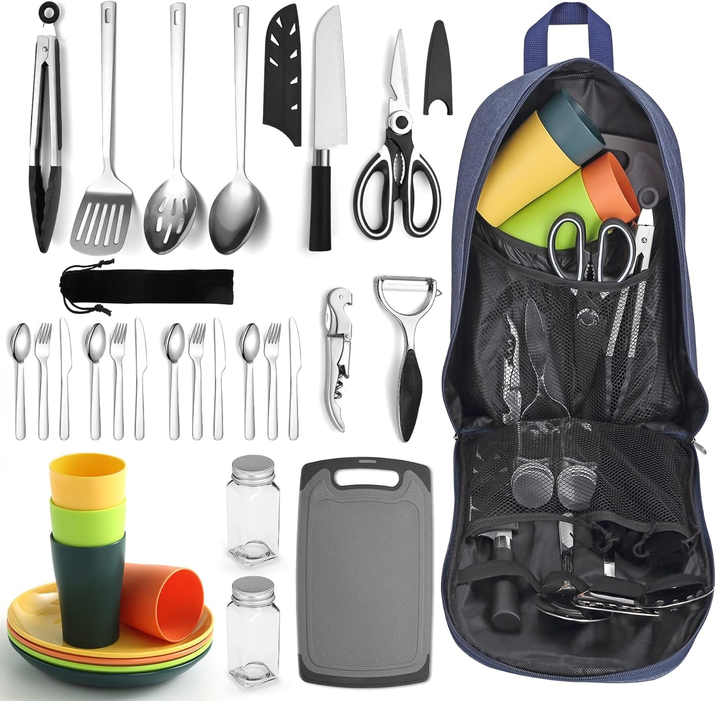 Camping Essentials: Comprehensive Cooking Utensils Set with Silverware, Plates, and Cups for Outdoor Stoves, Picnics, and BBQs