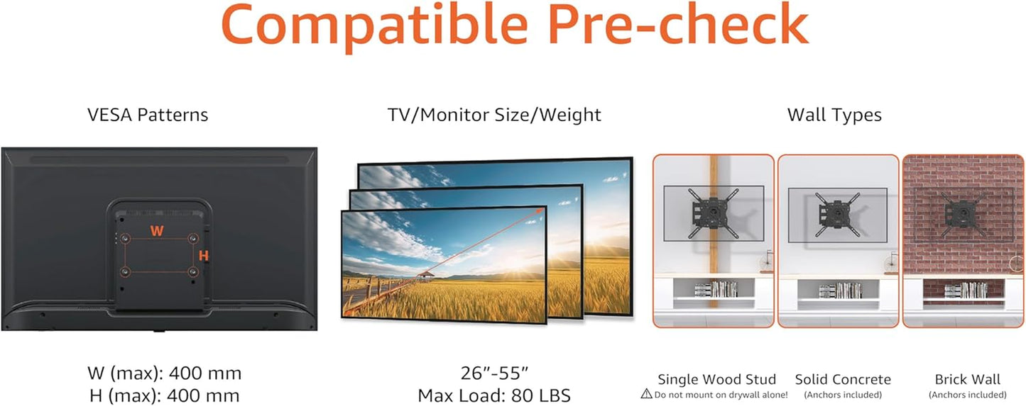 Articulating Full Motion Wall Mount for 26-55 Inch TVs and Flat Panels up to 80 lbs, Black