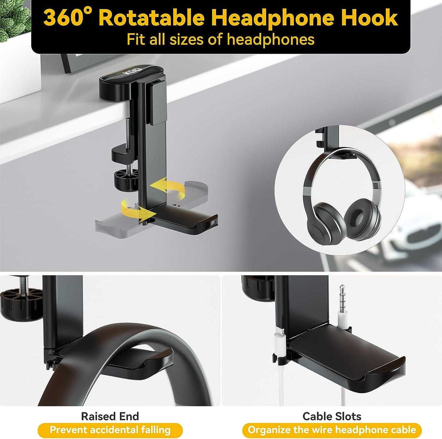 4-in-1 Desk Organizer with Under-Desk Headphone Hook, Dual Wire Holes, Rotating Headphone Hanger, Detachable Storage (Black)