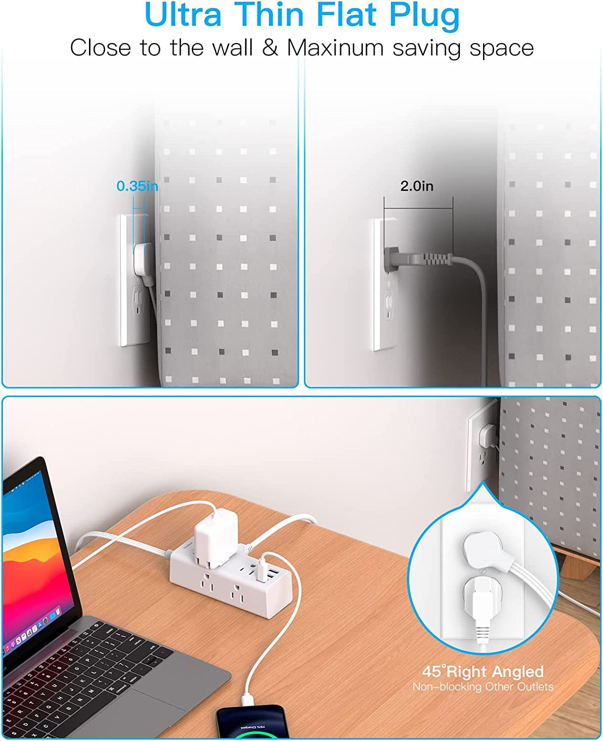 10FT Indoor Extension Cord with Surge Protector, Flat Plug, 6 Outlets and 3 USB Ports (including 1 USB-C) for Home, College