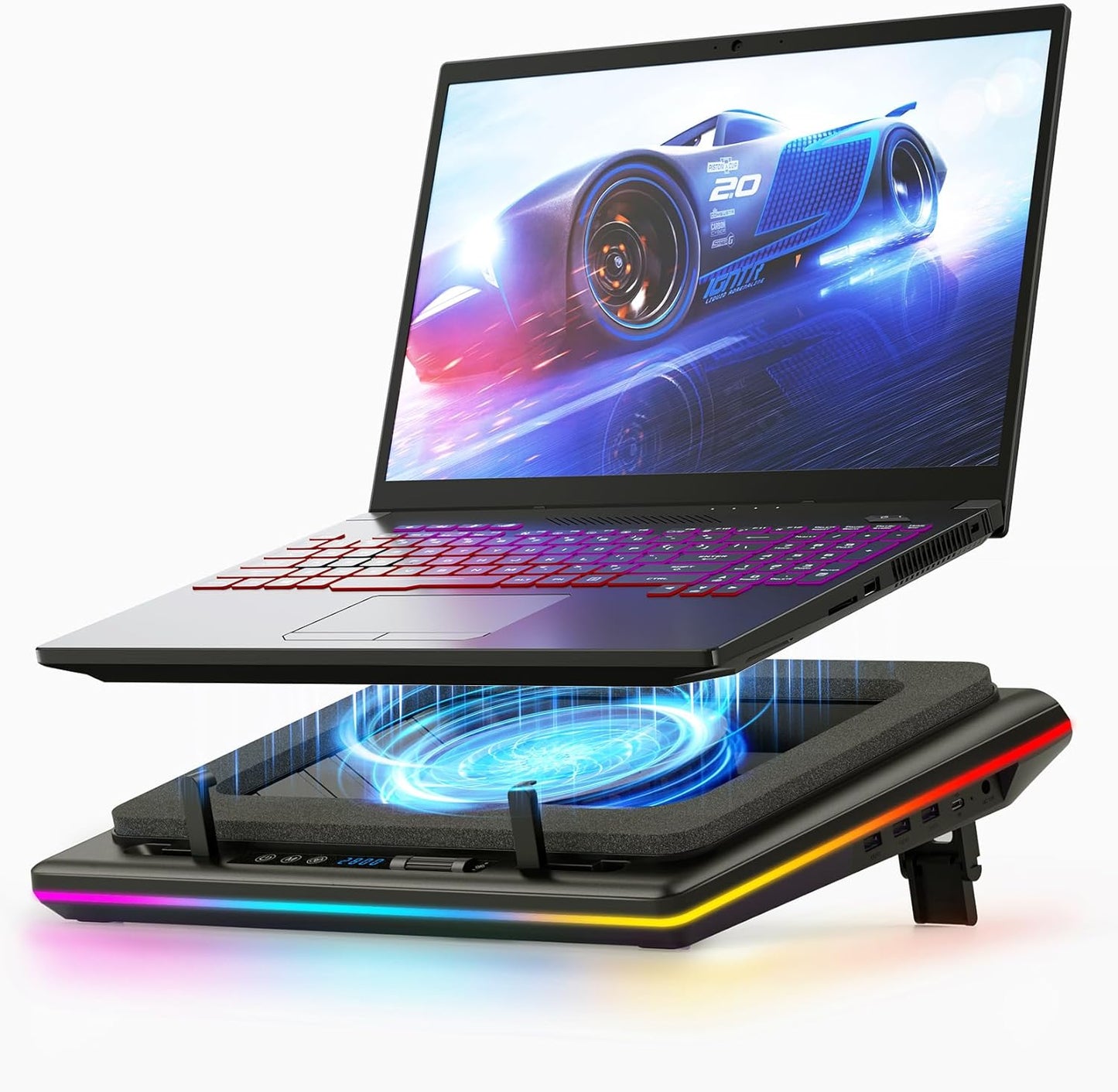 RGB Laptop Cooling Pad with Powerful Turbofan, Gaming Laptop Cooler Radiator. Infinitely Variable Speed, Touch Control, LCD Screen, 3-Port USB Hub, Seal Foam, Rapid Cooling Laptop 15-19In