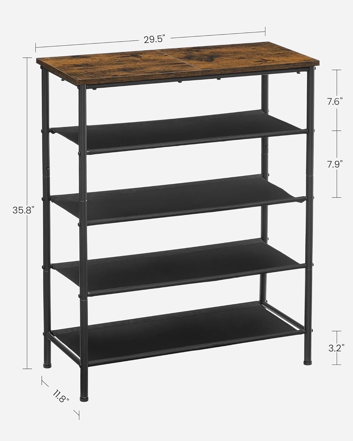 5-Tier Shoe Storage Rack for 15-18 Pairs, Narrow Organizer for Closet and Entryway, Rustic Brown and Black Design