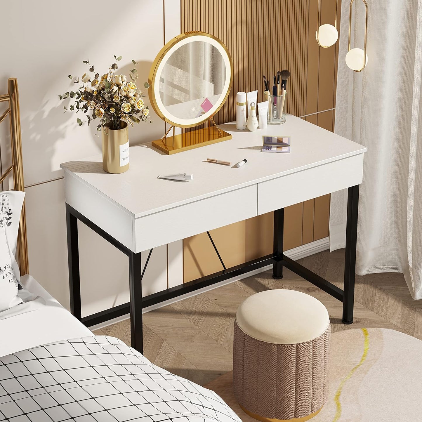 Wood and Metal Computer Desk with Drawers - Versatile Vanity and Makeup Table for Home Office and Small Spaces, 39.4" in White