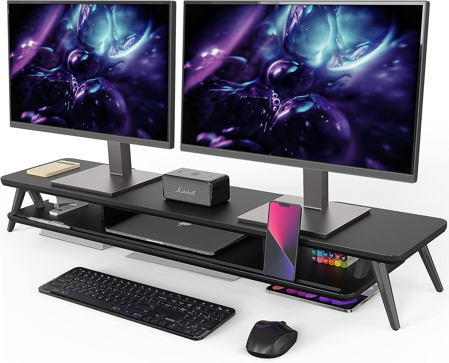 Dual Monitor Stand with Storage Organizer and Cable Management, 42.5-Inch Wooden Desk Shelf for Office Use (White)