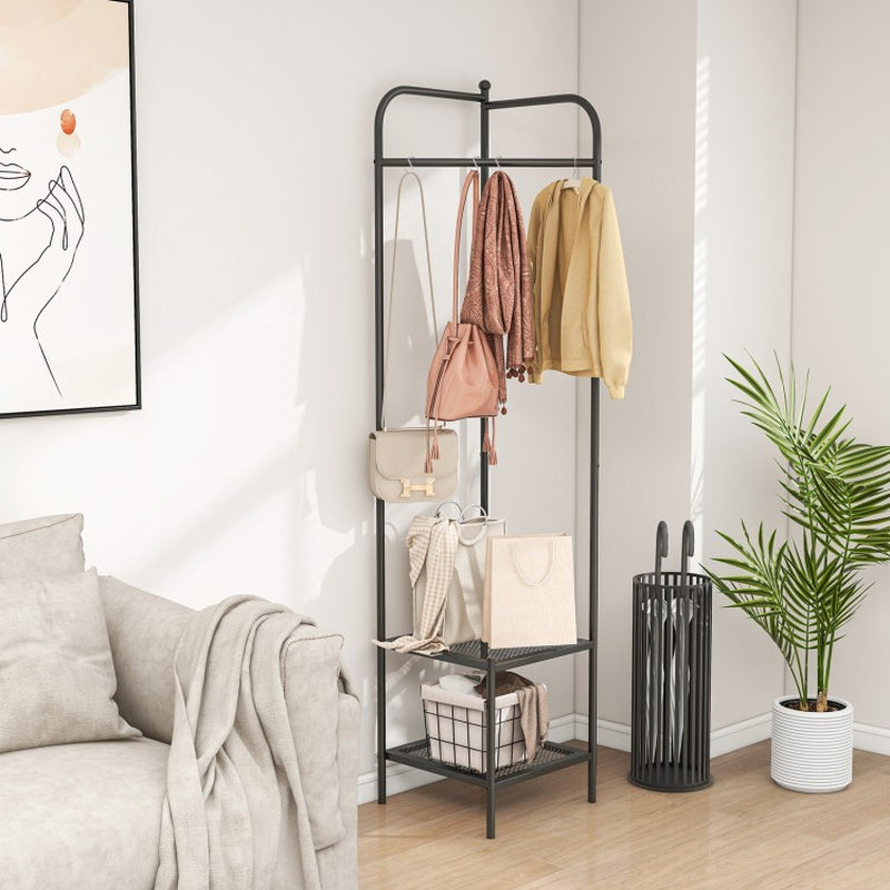 Corner Coat Rack with Top Hanger and Dual Mesh Shelves for Entryway, Hallway, Living Room, and Bedroom