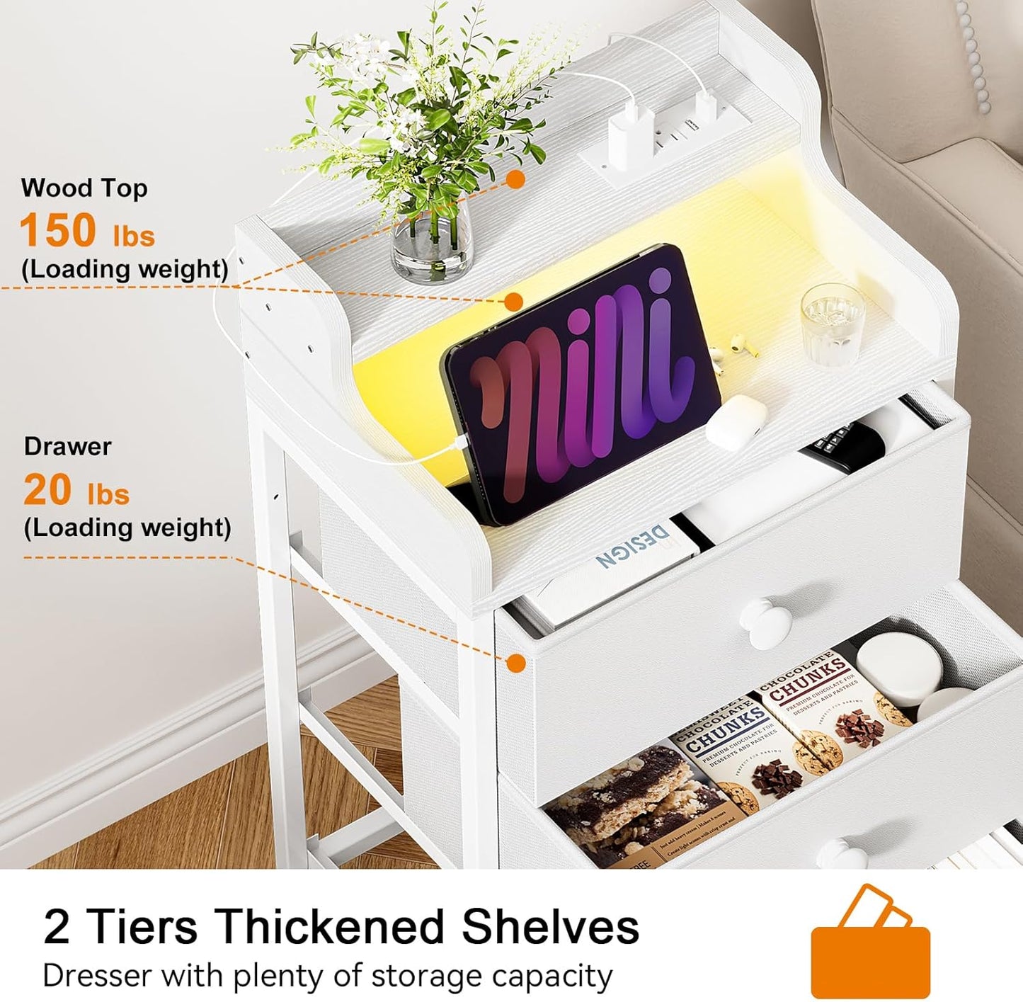 Elegant White Bedroom Dresser - Integrated Charging Station, LED Lighting, Durable Steel Frame, Wood Top - Leather White Finish