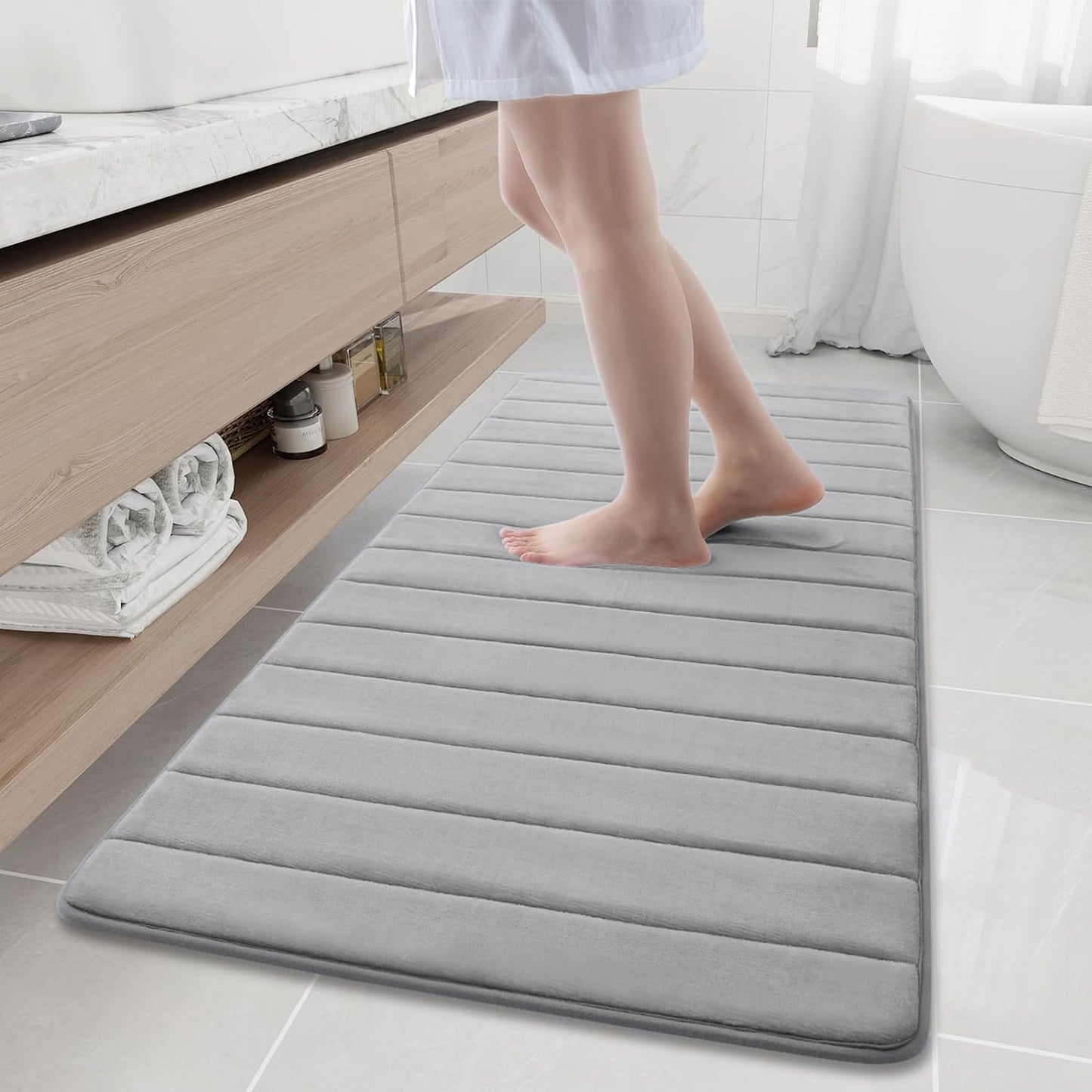 Memory Foam Non-Slip Bath Mat with Absorbent Rubber Backing for Kitchen and Bathroom Floors, 16" x 24", Black