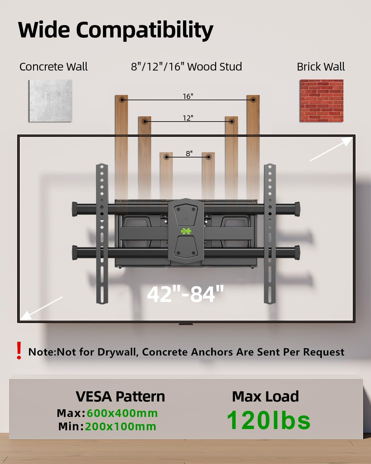 Full Motion TV Wall Mount for 42"-84" TVs, Articulating Swivel and Tilt Bracket, Max VESA 600x400mm, Supports Up to 120 lbs
