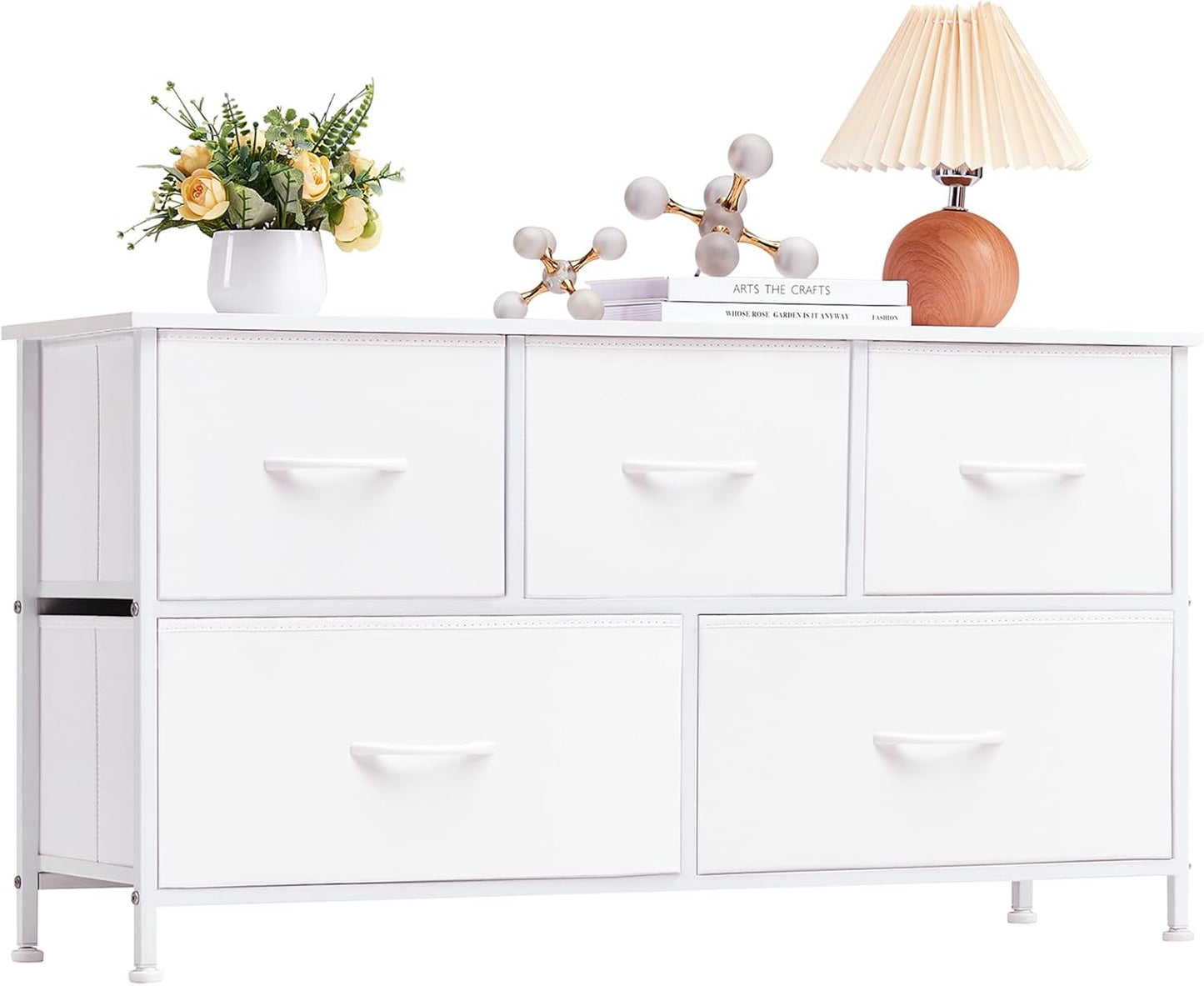 Elegant 5-Drawer Dresser with Fabric Bins - Versatile Storage - Bedroom, Living Room, Nursery - White Leather Finish