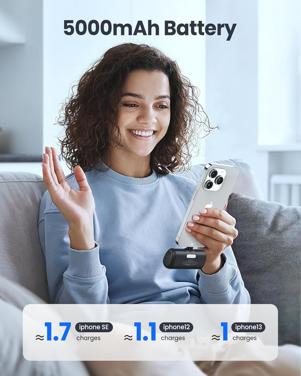 5000mAh Portable Power Bank for iPhone with Built-In Cable, MFi Certified Compact Charger featuring LCD Display & LED Light (Black)